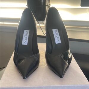 Jimmy Choo Black Leather and Patent Pointed-Toe Pumps